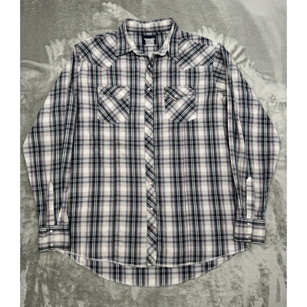 Vintage Wrangler Pearl Snap Shirt Mens XL Purple Plaid Western Cowboy 90s Y2K